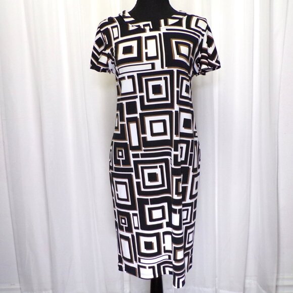 Chico's Midi Shift Dress Womens 0 US 4 Small White Brown Black Cold Shoulder Mod - Picture 12 of 12